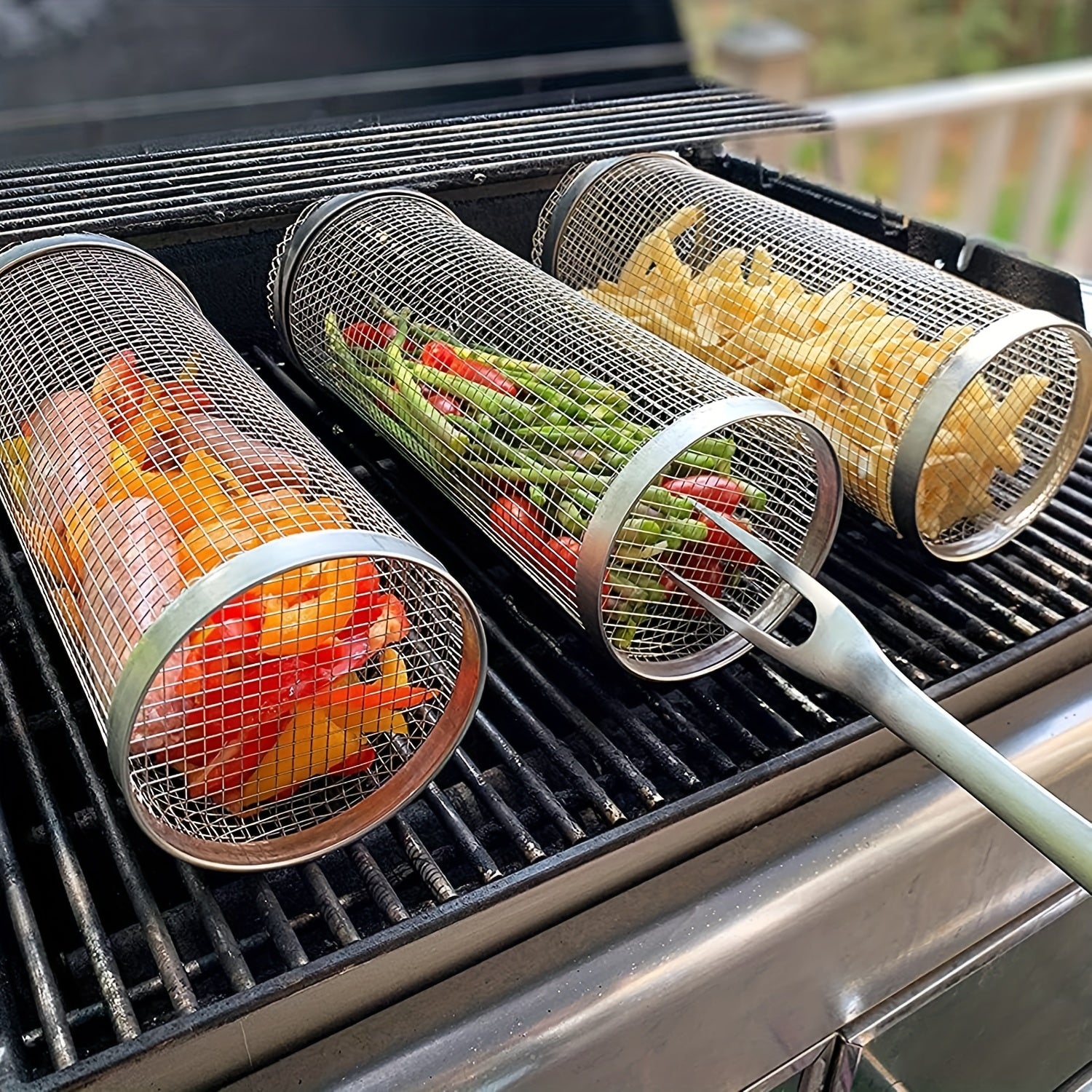 Portable Stainless Steel BBQ Rolling Grill Basket